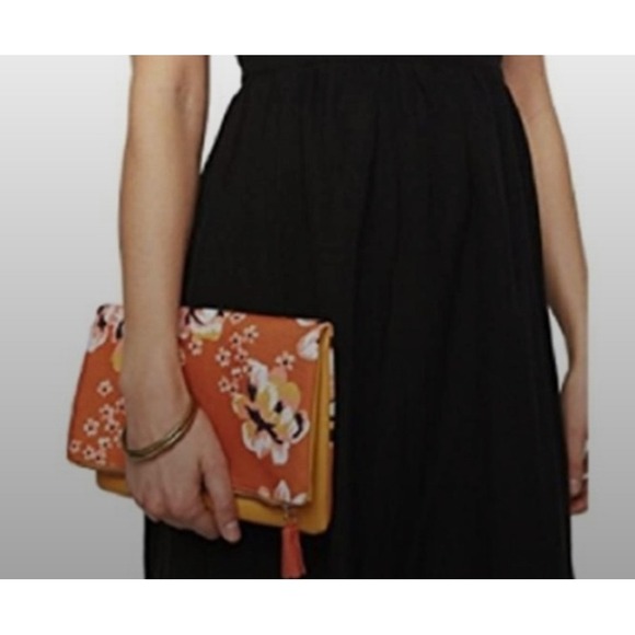 Anthropologie Rachel Pally Clutch Reverse Envelope Floral Orange Boho Tassel Bag - Picture 1 of 12